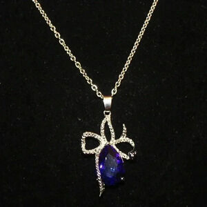 Vintage NOS Silver Blue Gemstone Bowtie Costume Cocktail Necklace Jewelry